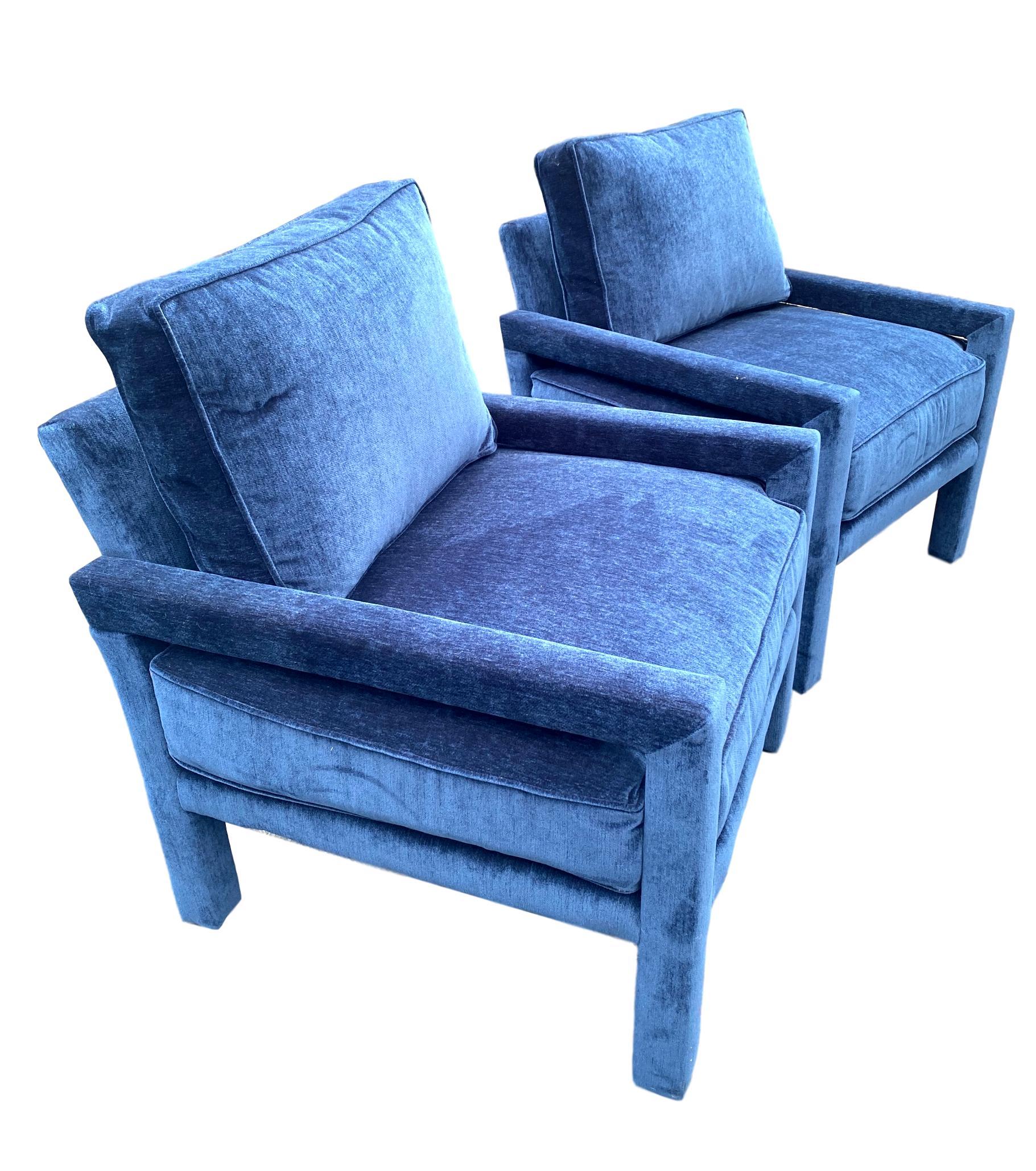 Hand-Crafted Pair of New Milo Baughman Style Iconic Parsons Chairs, Pantone Blue Velvet