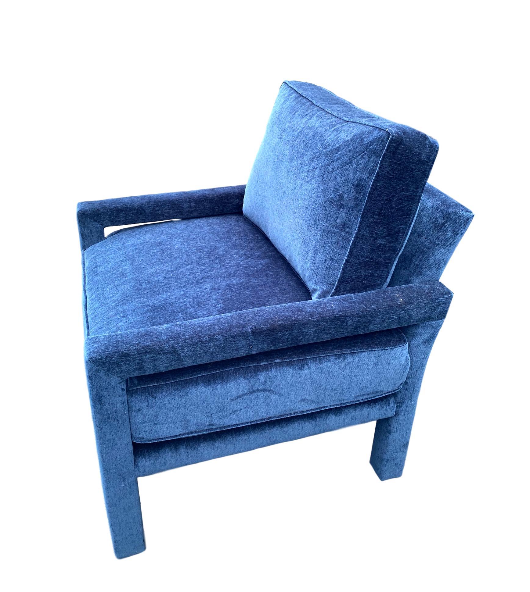 Contemporary Pair of New Milo Baughman Style Iconic Parsons Chairs, Pantone Blue Velvet