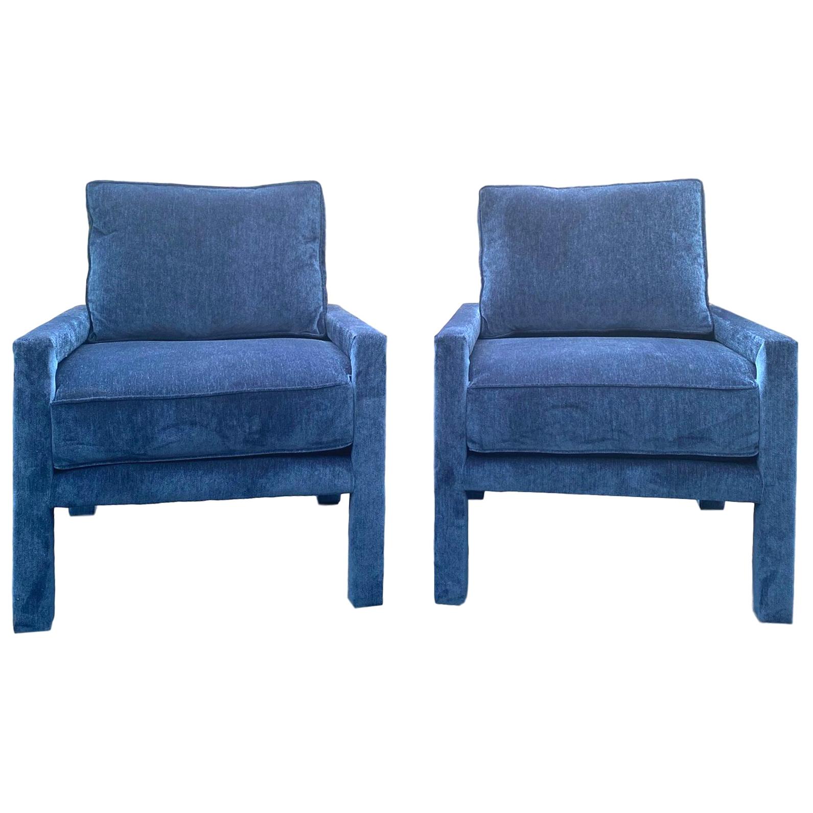 Pair of New Milo Baughman Style Iconic Parsons Chairs, Pantone Blue Velvet