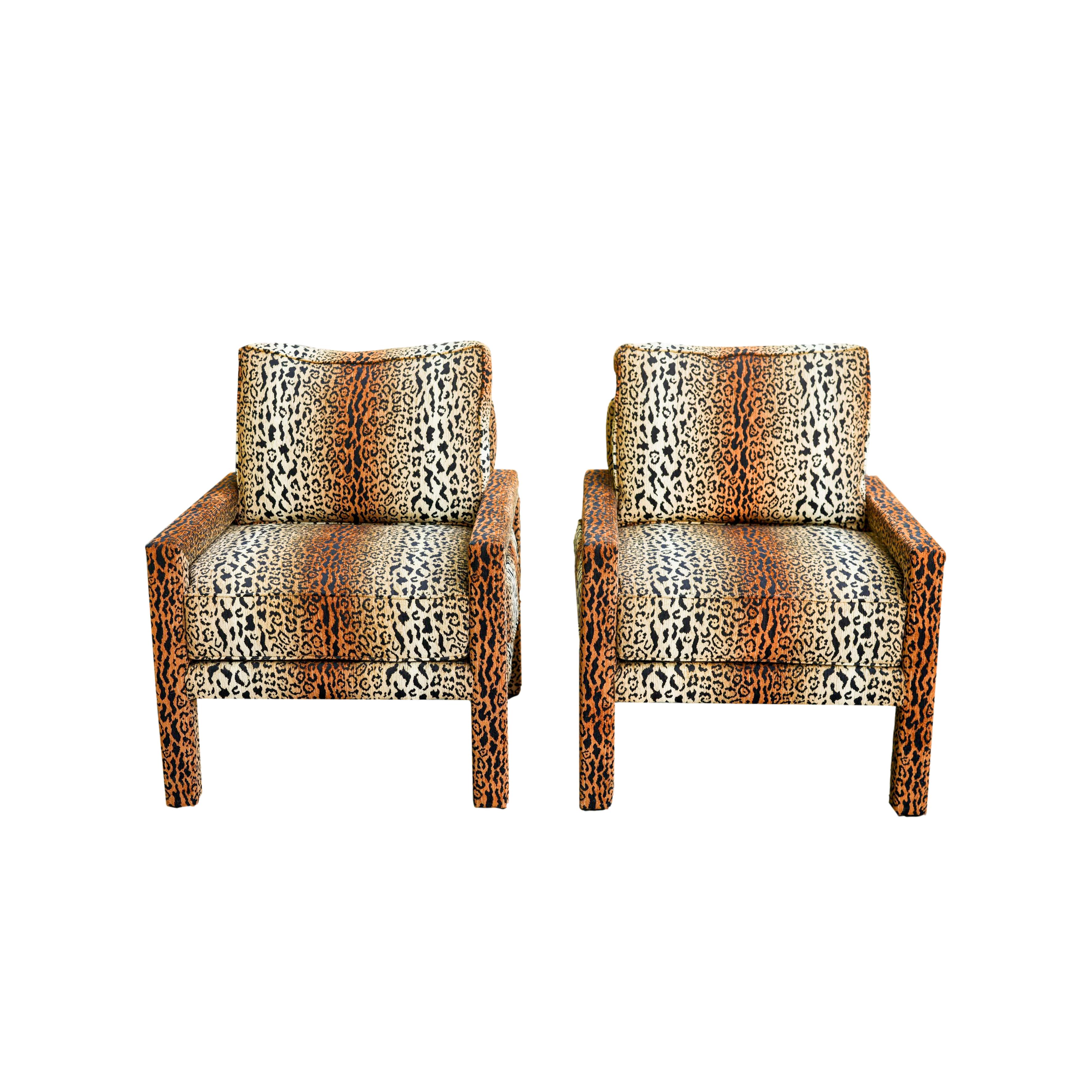 Pair of new Milo Baughman-style Parsons chairs upholstered in high-end designer cheetah velvet.
Our chairs are handcrafted and upholstered from new materials and new fabric by the best craftsmen and artisans in Morganton, North Carolina, the