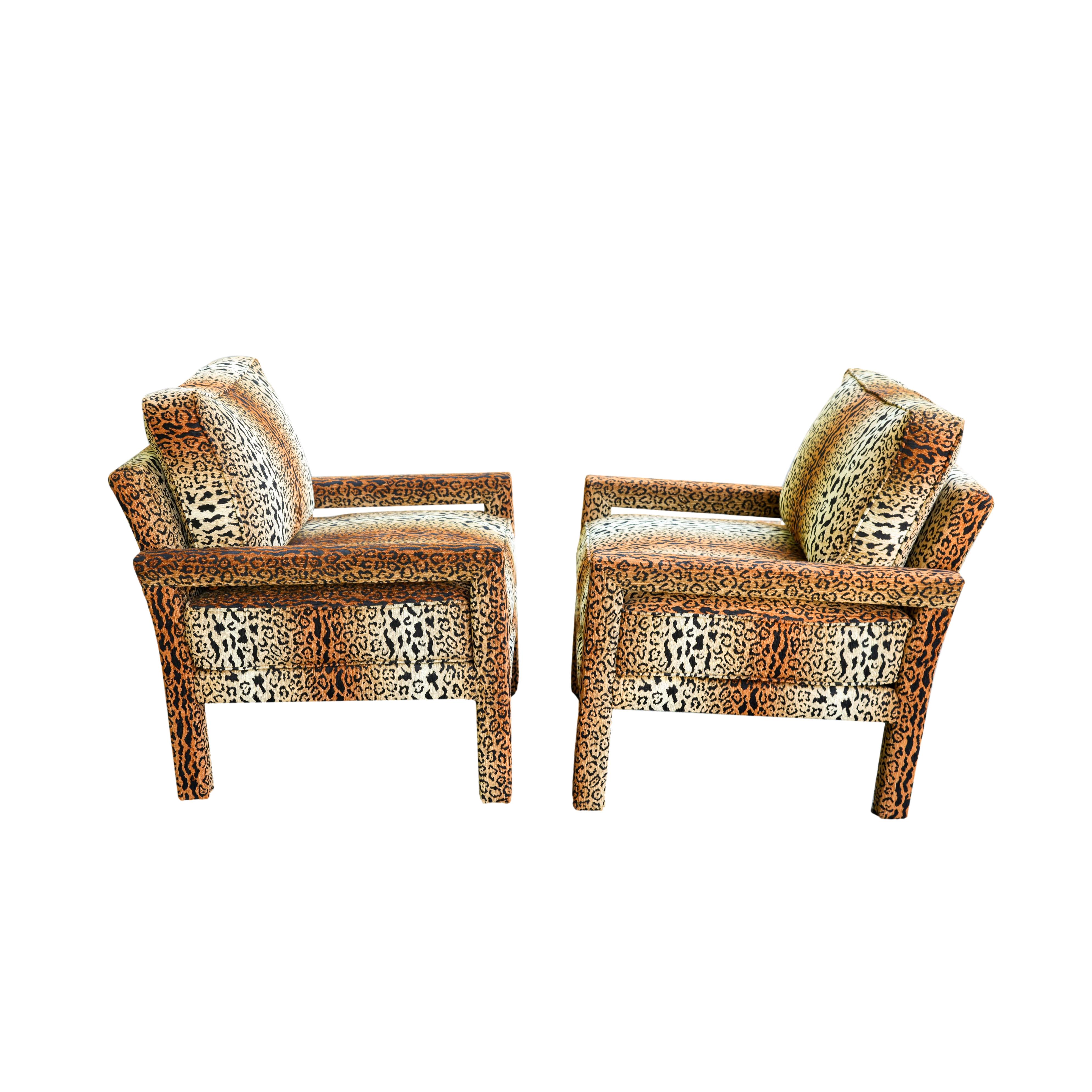 Mid-Century Modern Pair of New Milo Baughman-Style Parsons Chairs in Designer Cheetah Velvet
