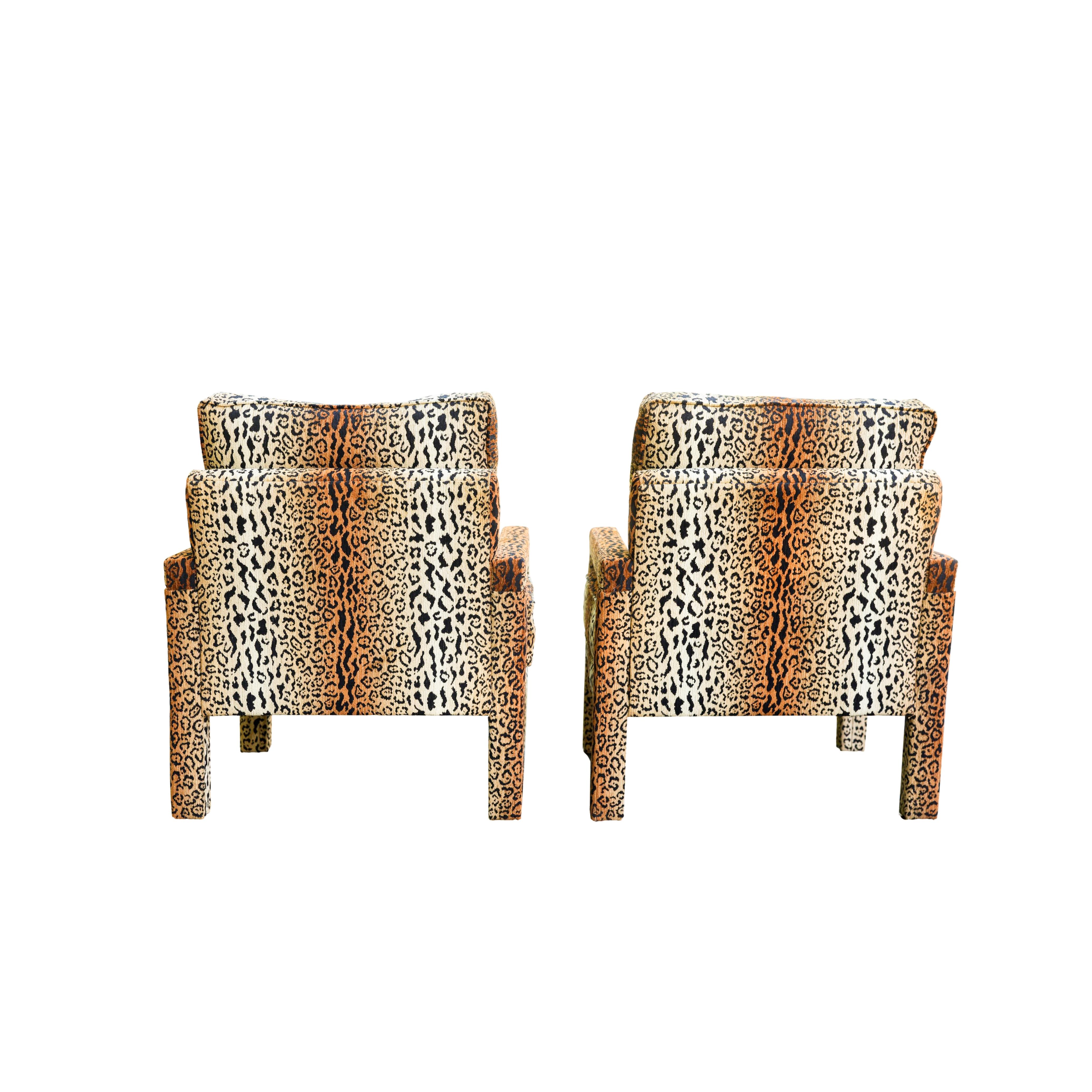 American Pair of New Milo Baughman-Style Parsons Chairs in Designer Cheetah Velvet