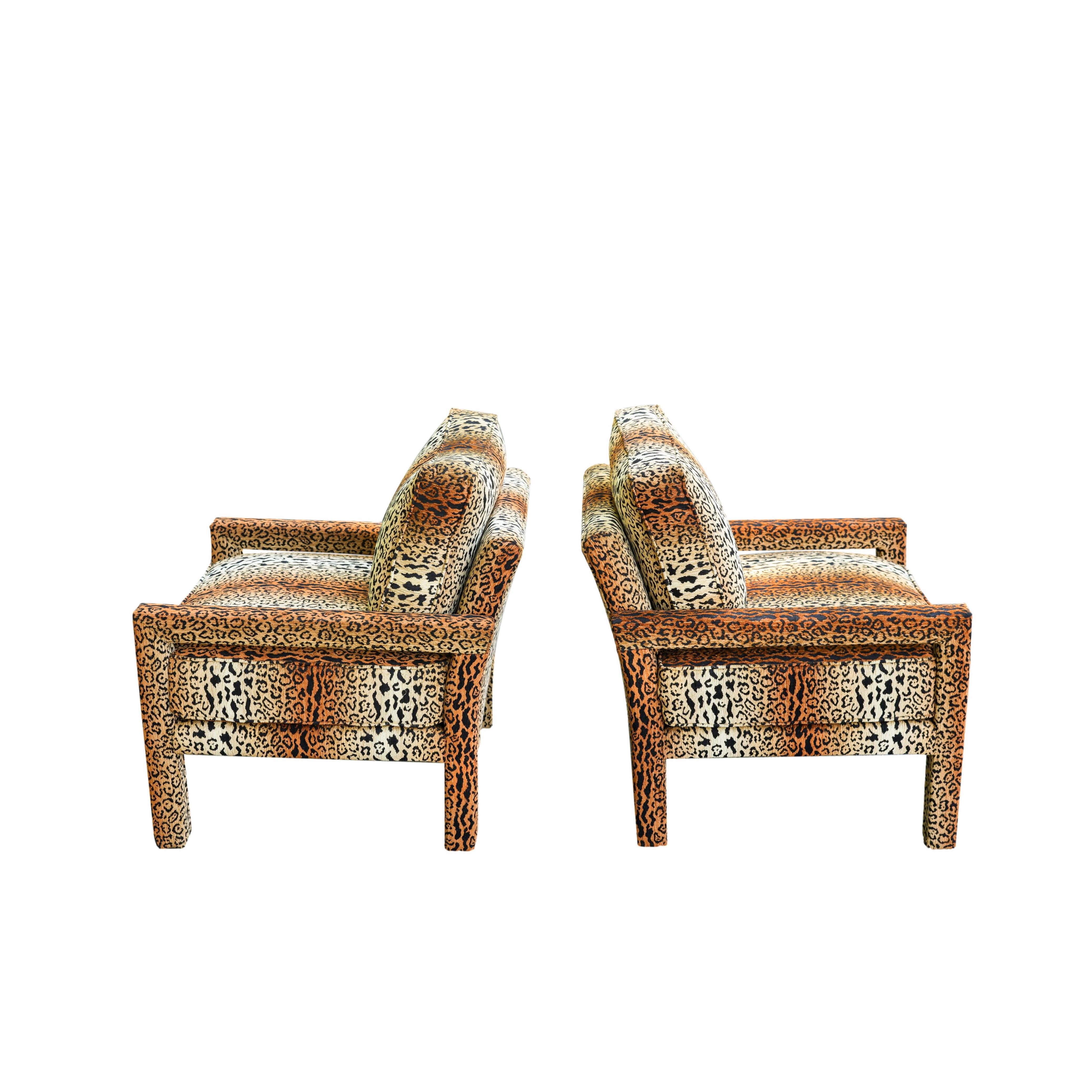 Hand-Crafted Pair of New Milo Baughman-Style Parsons Chairs in Designer Cheetah Velvet