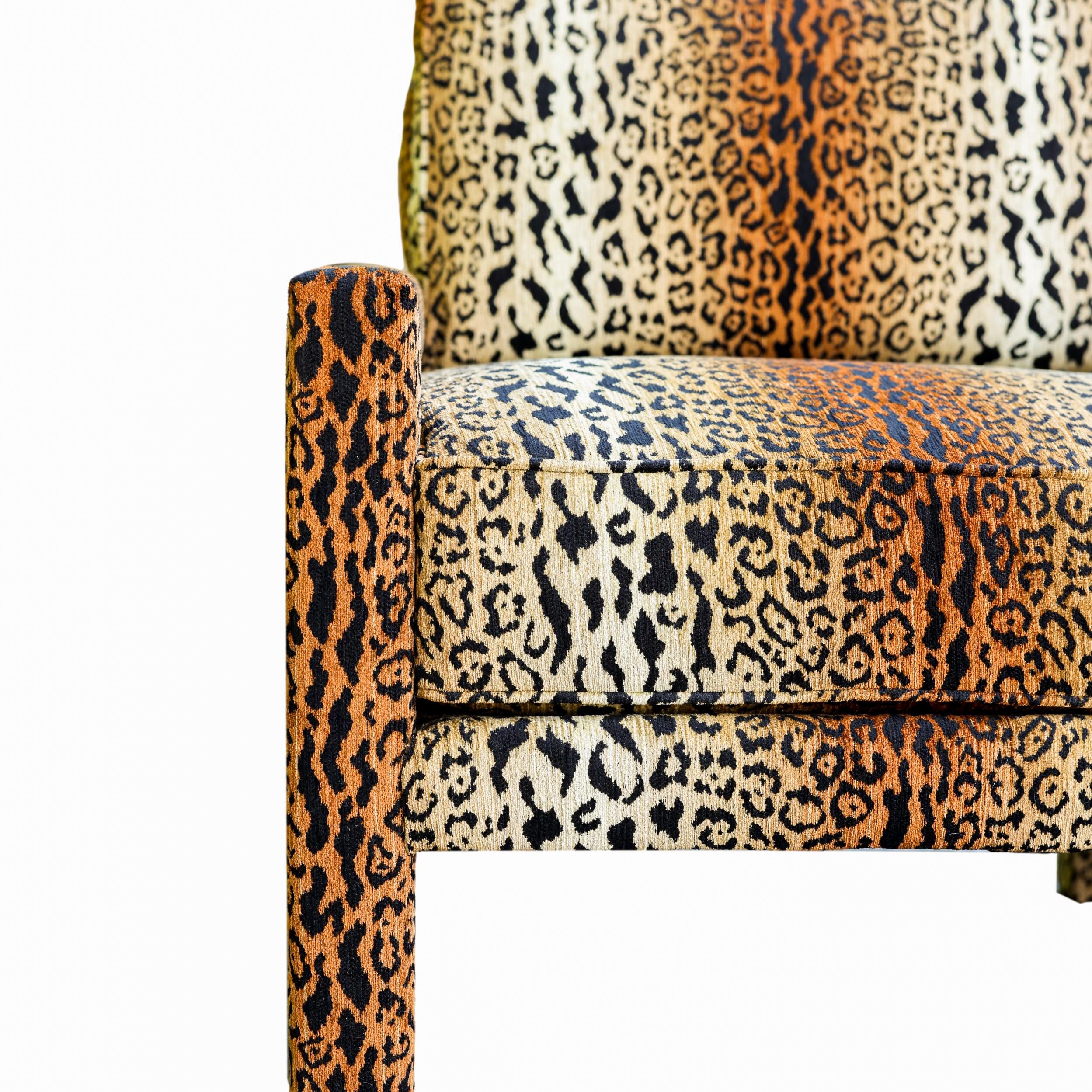 Upholstery Pair of New Milo Baughman-Style Parsons Chairs in Designer Cheetah Velvet