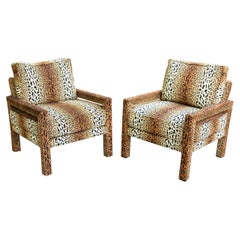 Pair of New Milo Baughman-Style Parsons Chairs in Designer Cheetah Velvet