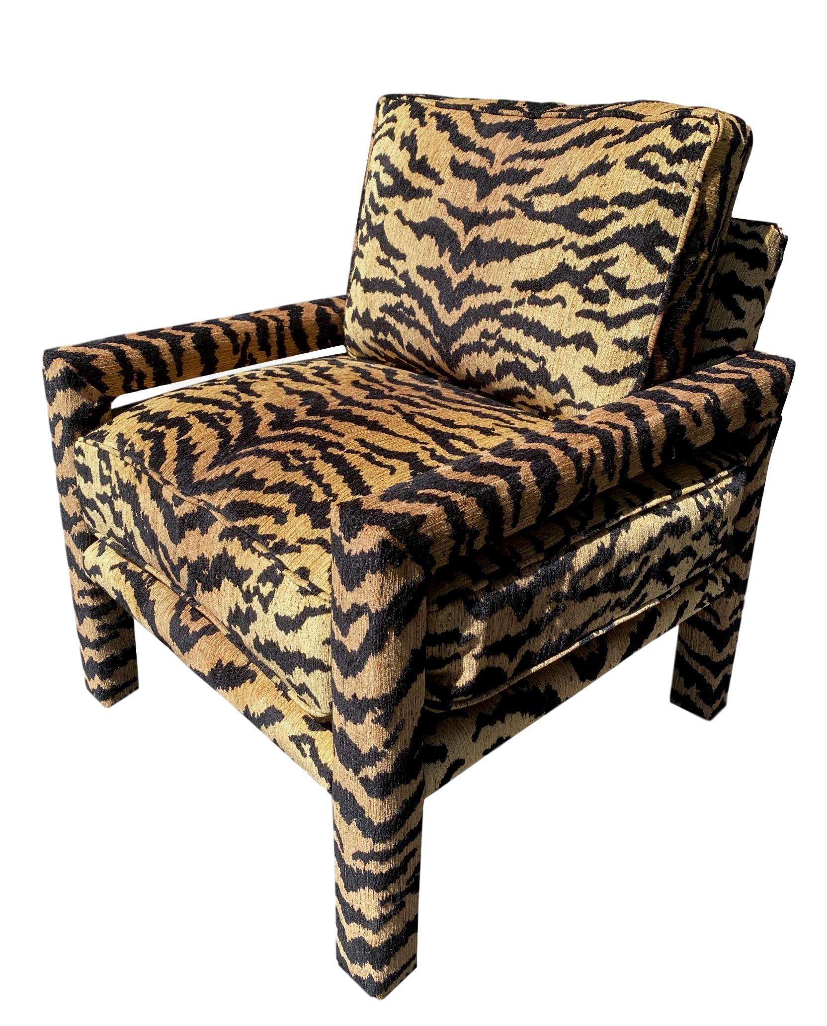 Pair of New Milo Baughman Style Parsons Chairs in Designer Tiger Fabric In New Condition In Banner Elk, NC