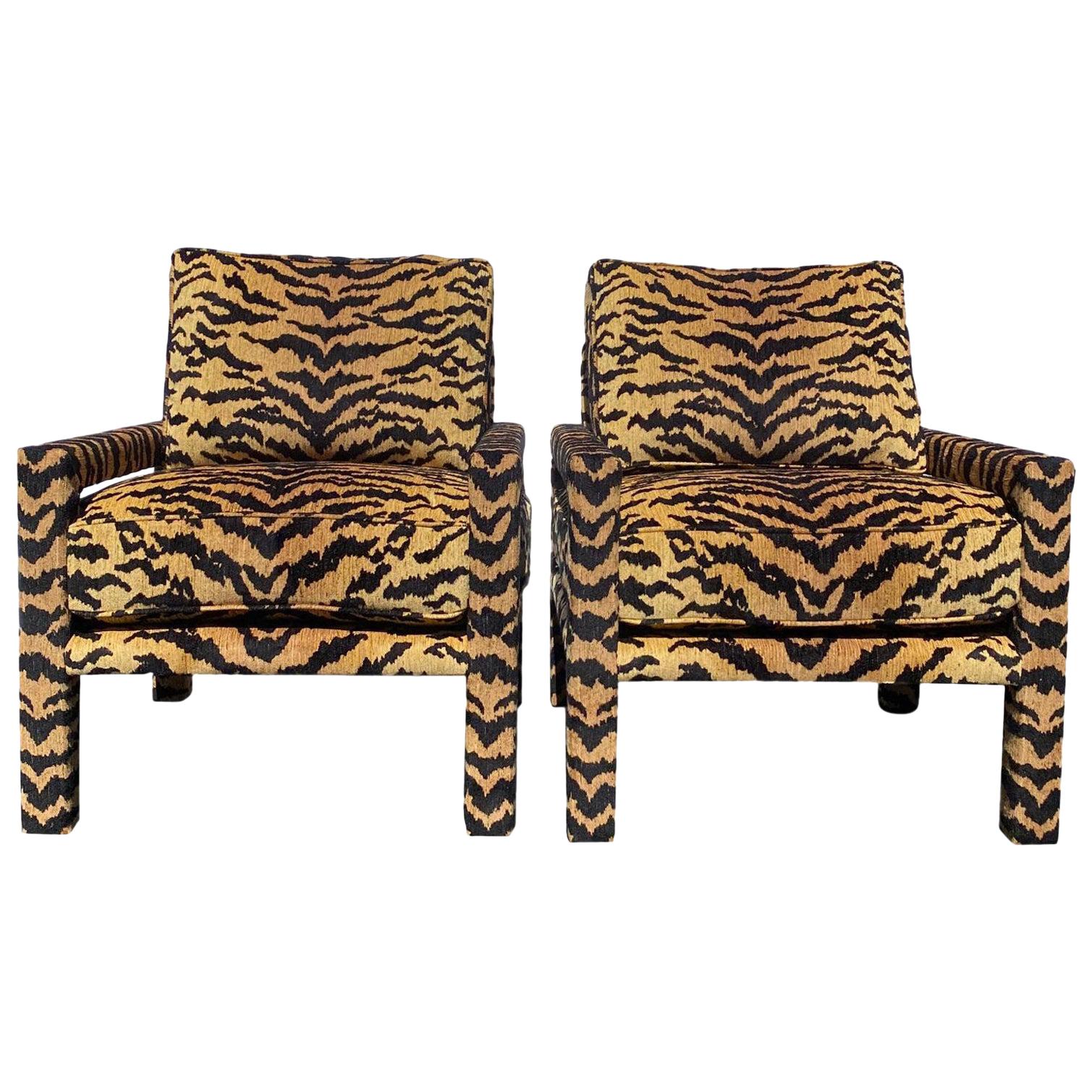 Pair of New Milo Baughman Style Parsons Chairs in Designer Tiger Fabric