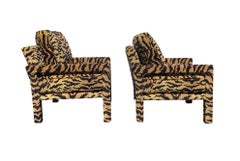 Pair of New Milo Baughman Style Parsons Chairs in Designer Tiger Fabric