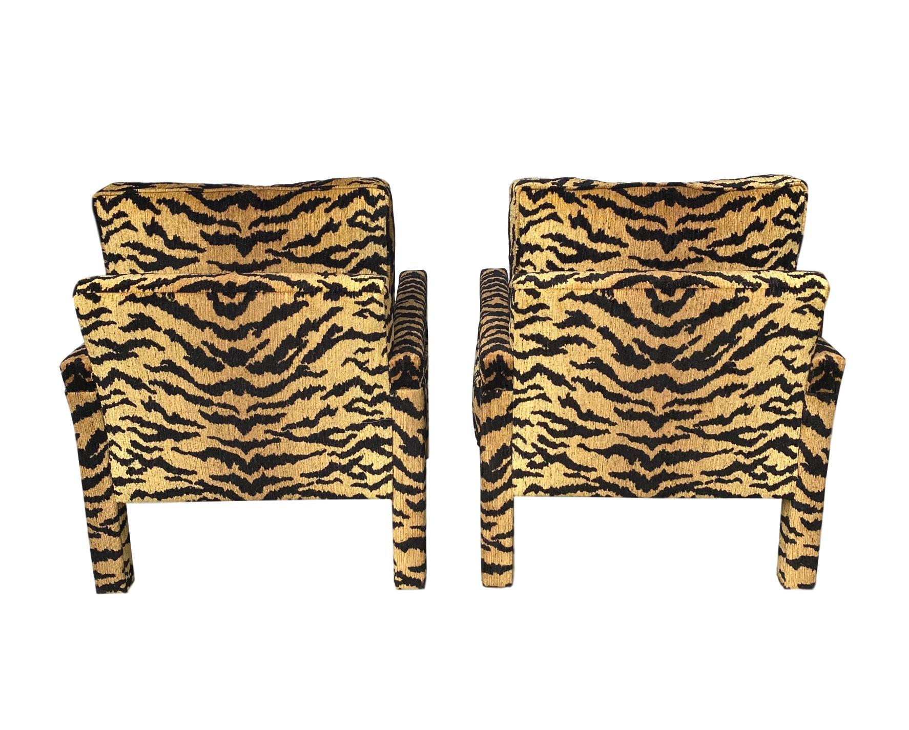 American Pair of New Milo Baughman Style Parsons Chairs in Designer Tiger Fabric