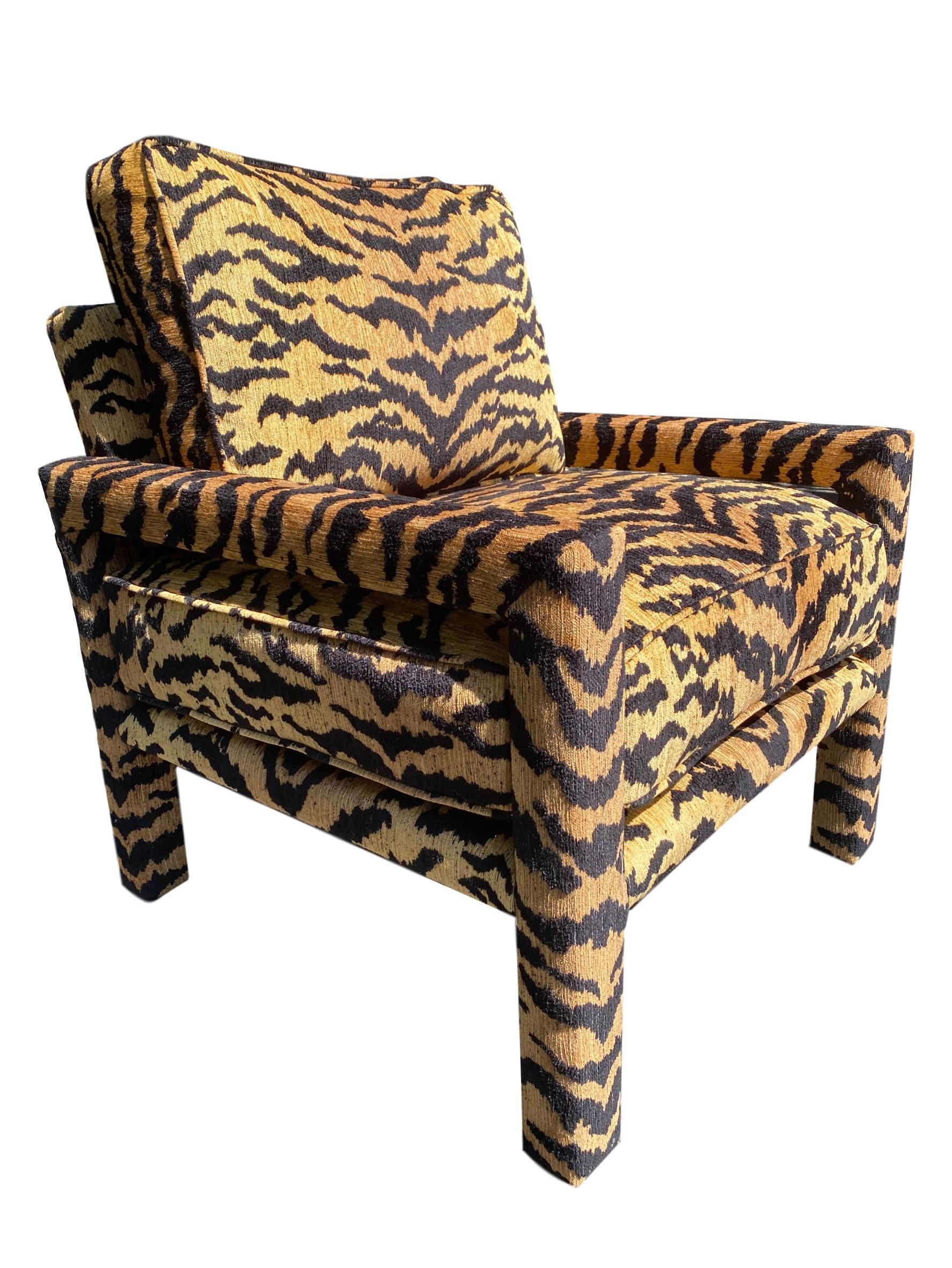 Hand-Crafted Pair of New Milo Baughman Style Parsons Chairs in Designer Tiger Fabric