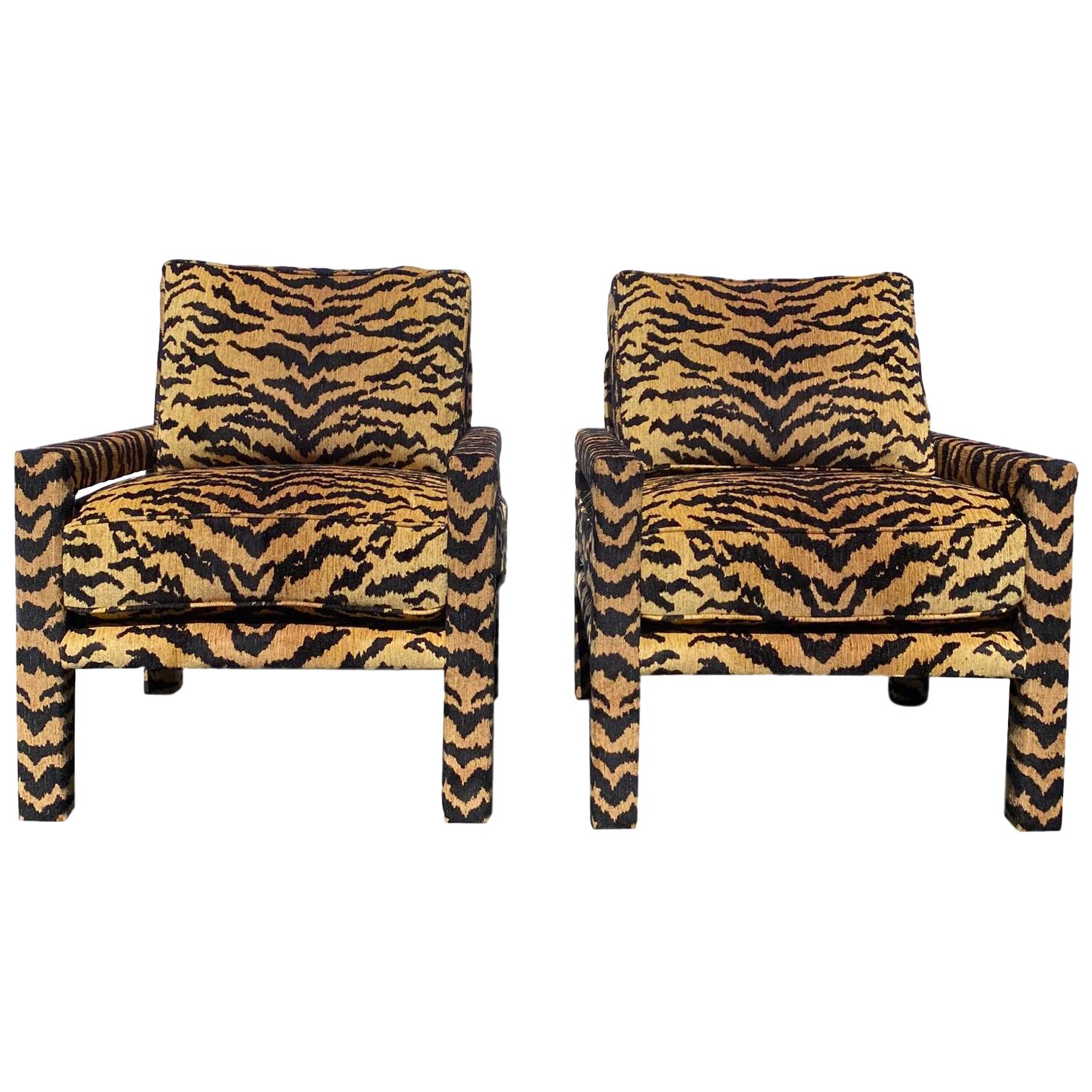 Pair of New Milo Baughman Style Parsons Chairs in Designer Tiger Fabric