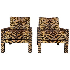 Pair of New Milo Baughman Style Parsons Chairs in Designer Tiger Fabric