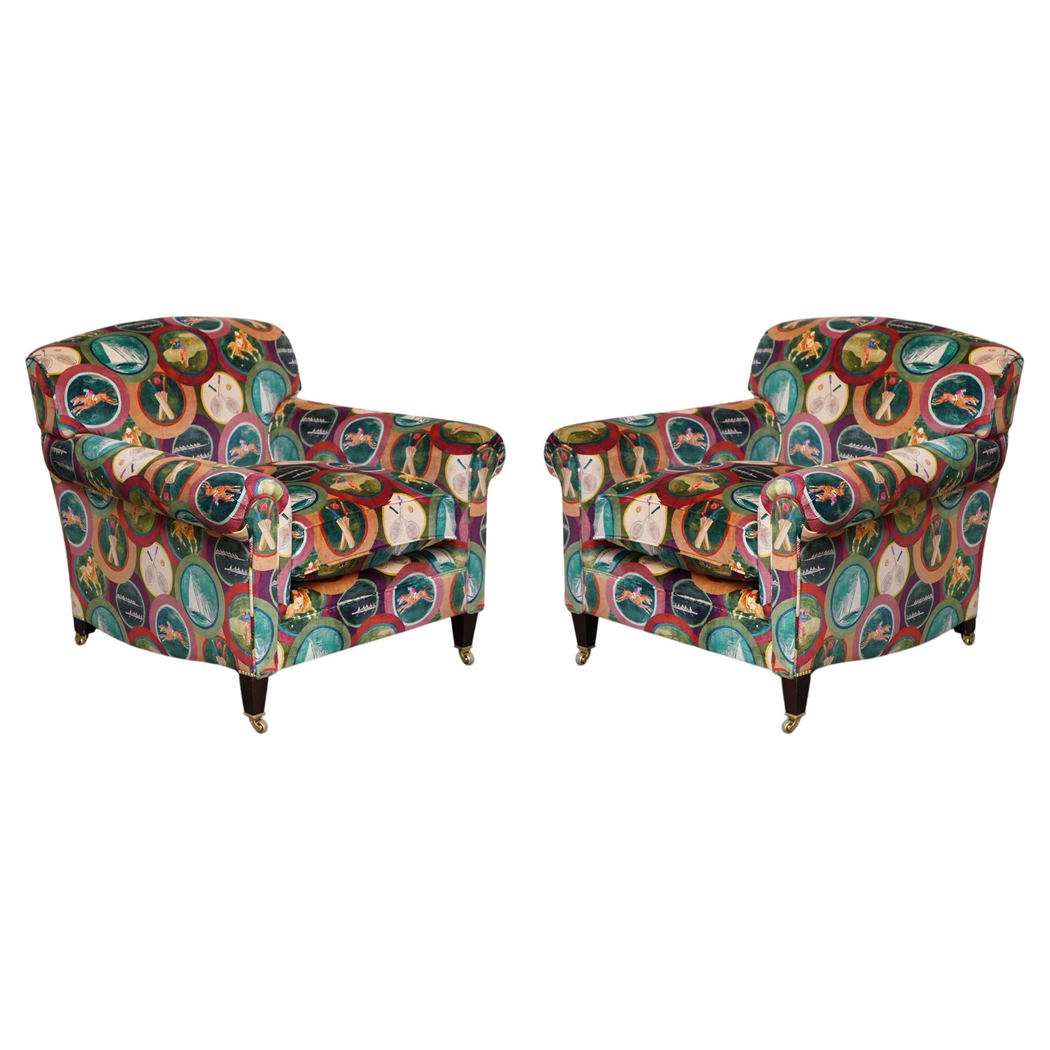 Pair of New Mulberry Silk Velvet Sporting Life George Smith Scroll Arm Armchairs For Sale