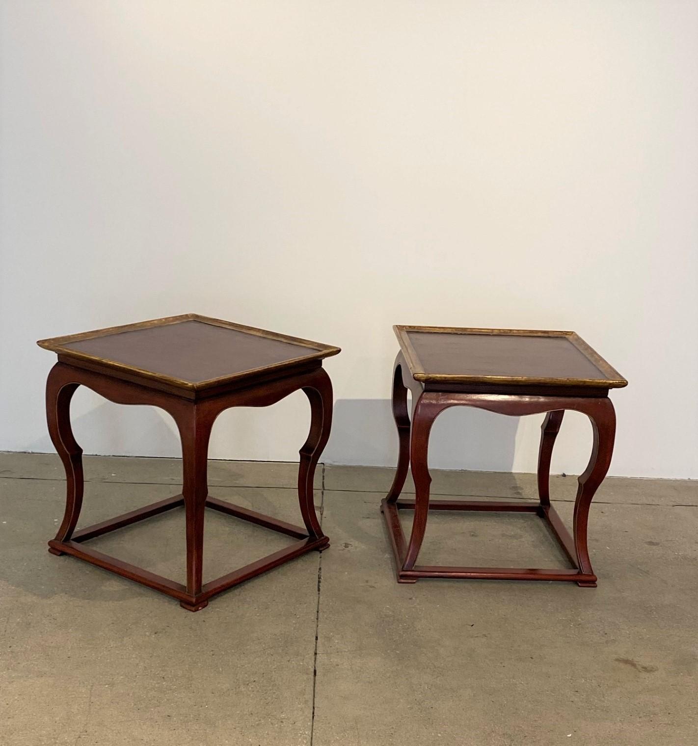 Contemporary Pair of New Red Lacquered Chinese Square Low Tables with Gilt Detail For Sale