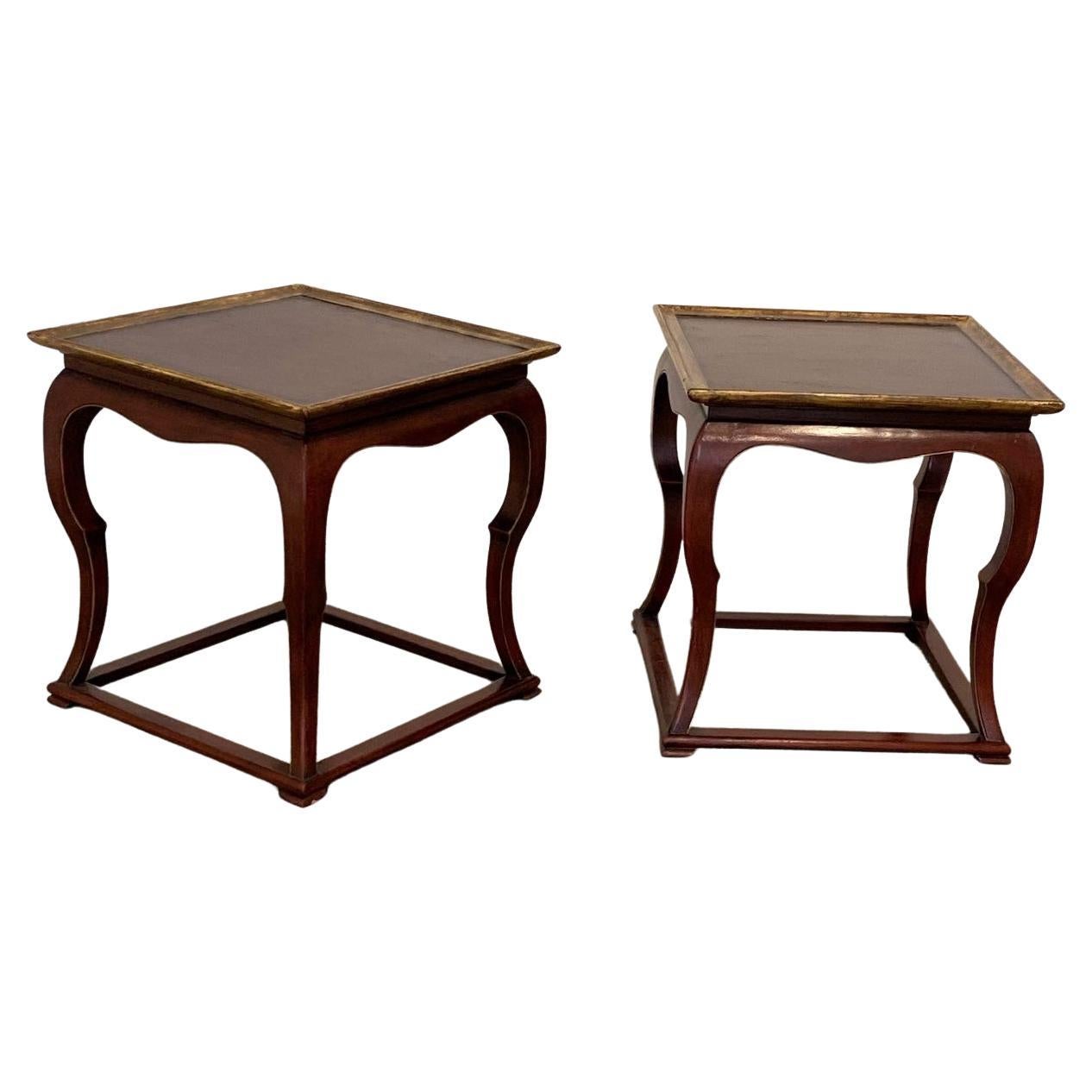 Pair of New Red Lacquered Chinese Square Low Tables with Gilt Detail For Sale