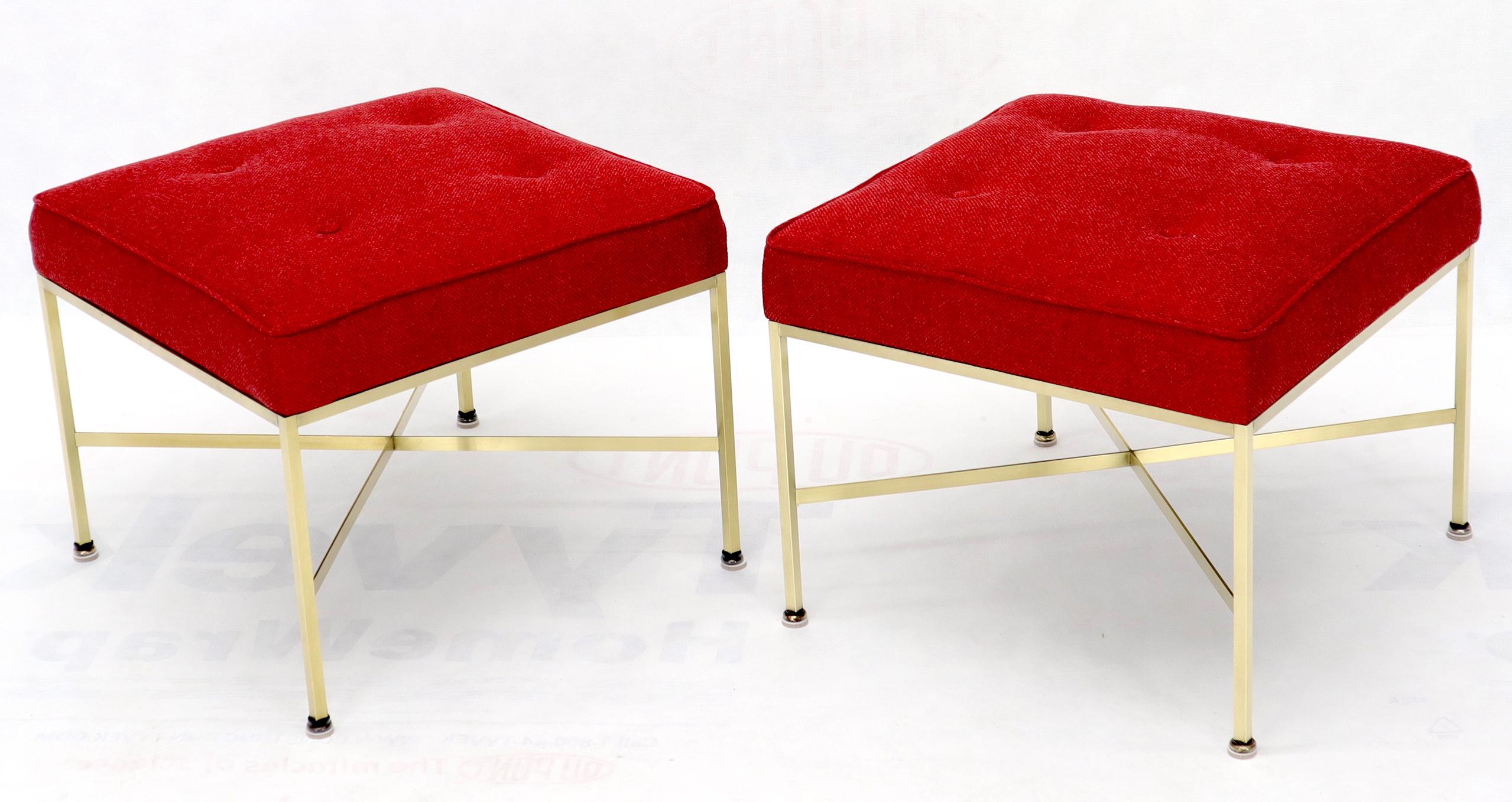 Mid-Century Modern Pair of New Red Upholstery Square Brass Frames Benches Stools by Paul McCobb For Sale
