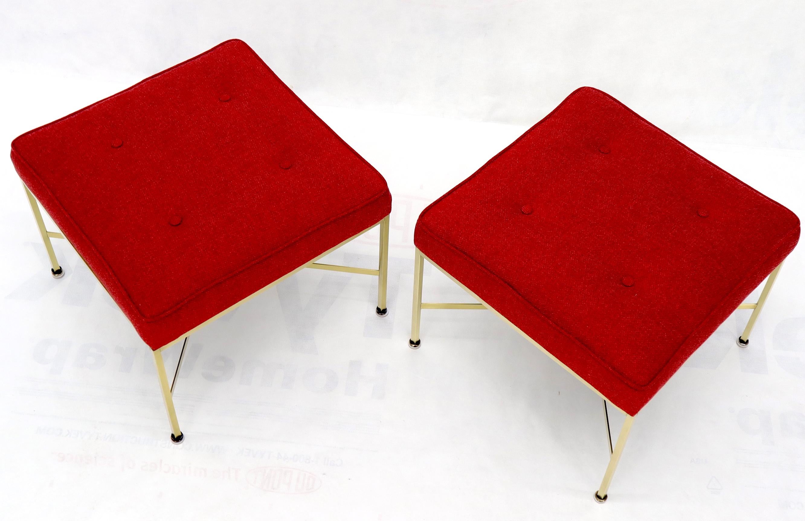 American Pair of New Red Upholstery Square Brass Frames Benches Stools by Paul McCobb For Sale