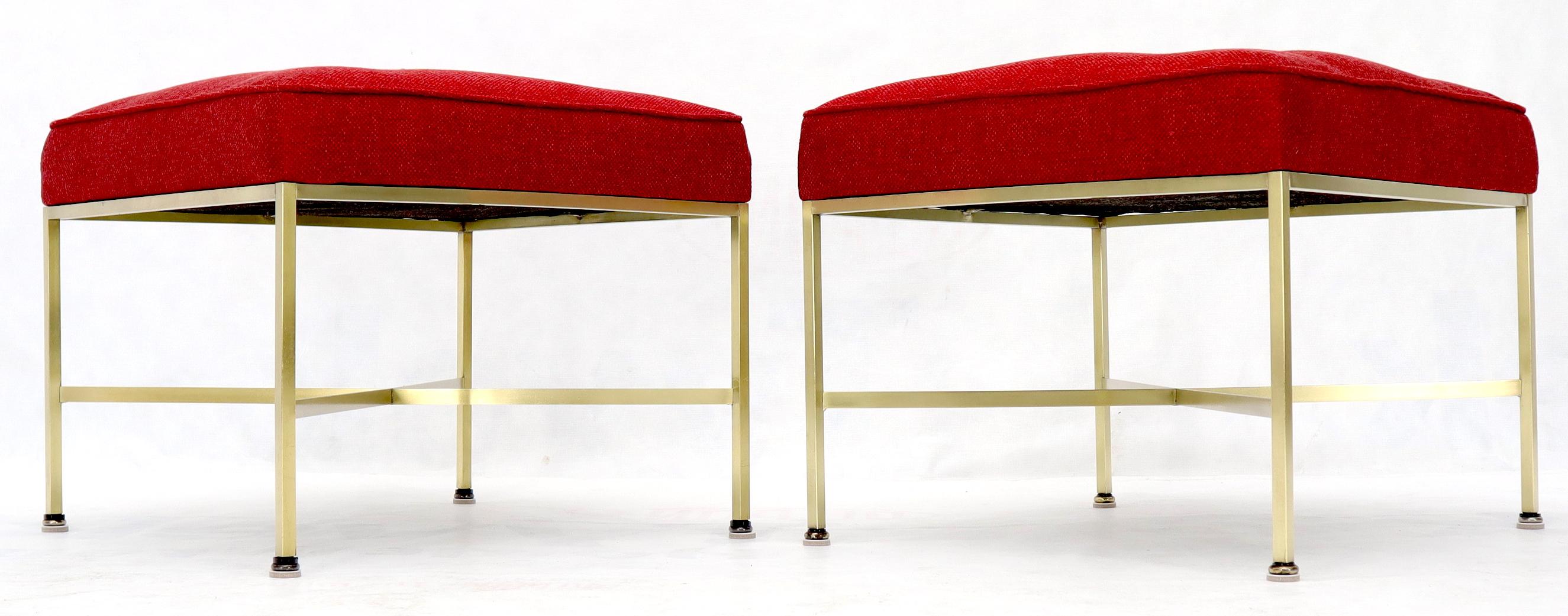 Pair of New Red Upholstery Square Brass Frames Benches Stools by Paul McCobb In Excellent Condition For Sale In Rockaway, NJ