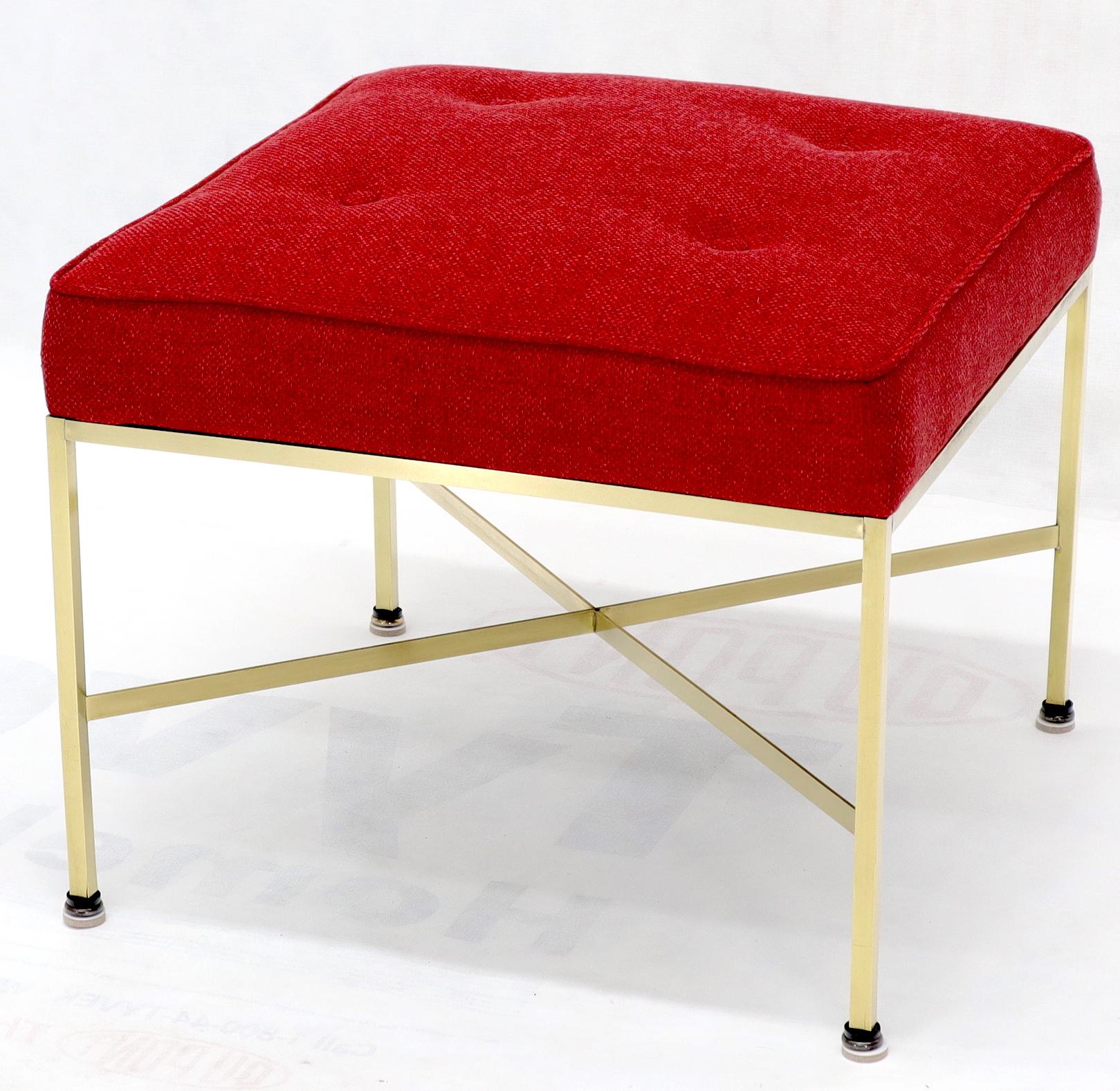 20th Century Pair of New Red Upholstery Square Brass Frames Benches Stools by Paul McCobb For Sale