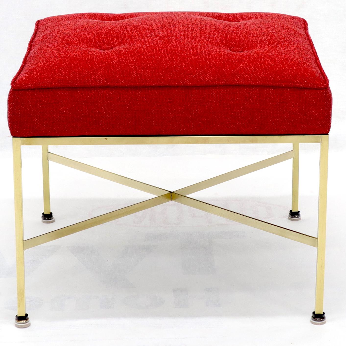 Pair of New Red Upholstery Square Brass Frames Benches Stools by Paul McCobb For Sale 1