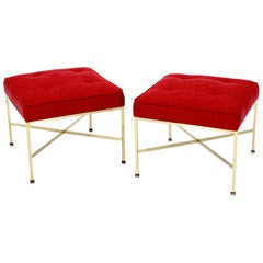 Vintage Pair of New Red Upholstery Square Brass Frames Benches Stools by Paul McCobb