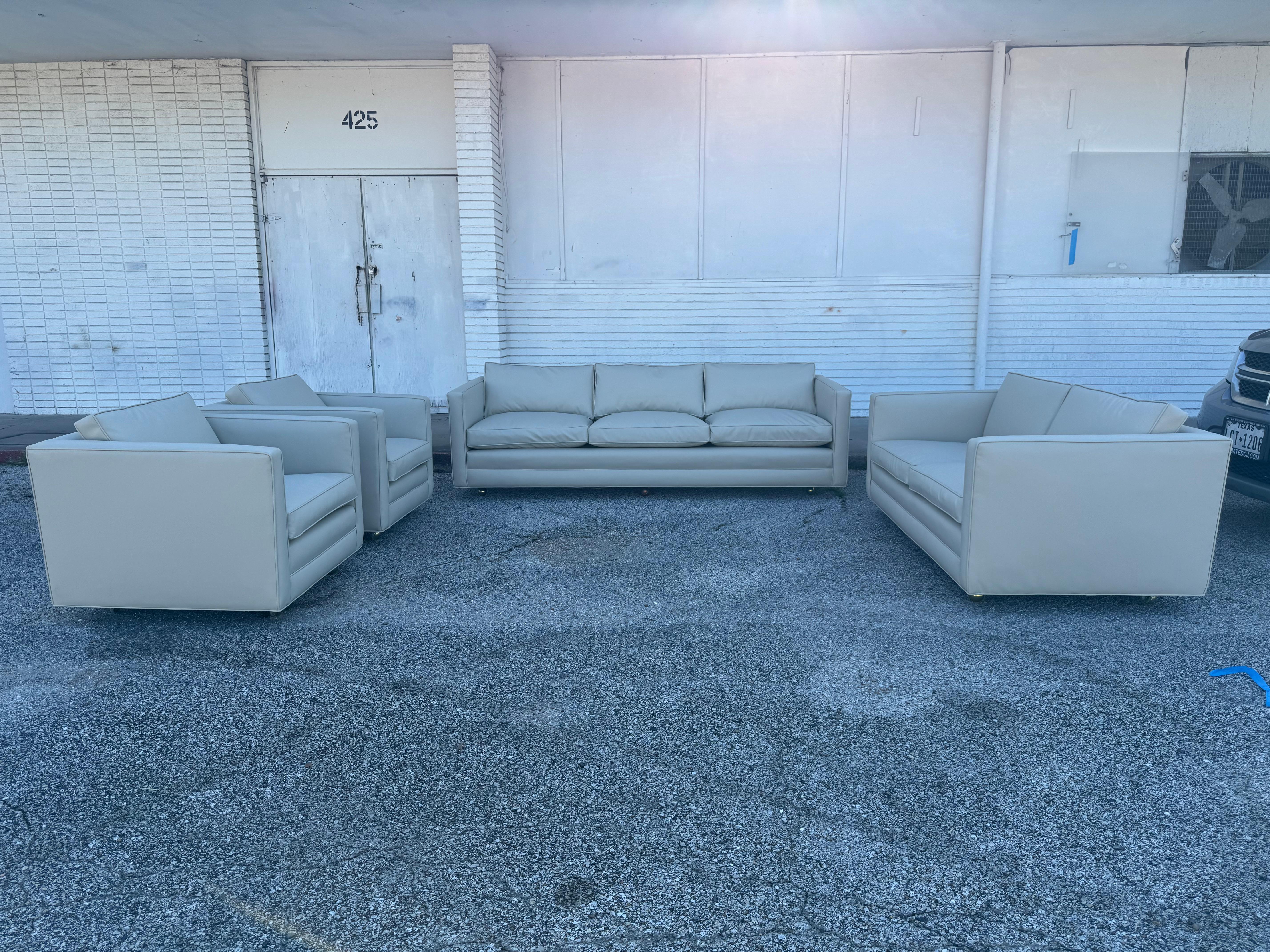 Pair of New Reupholstered Dunbar Tuxedo Lounge Chairs in Ultra Fabric For Sale 1