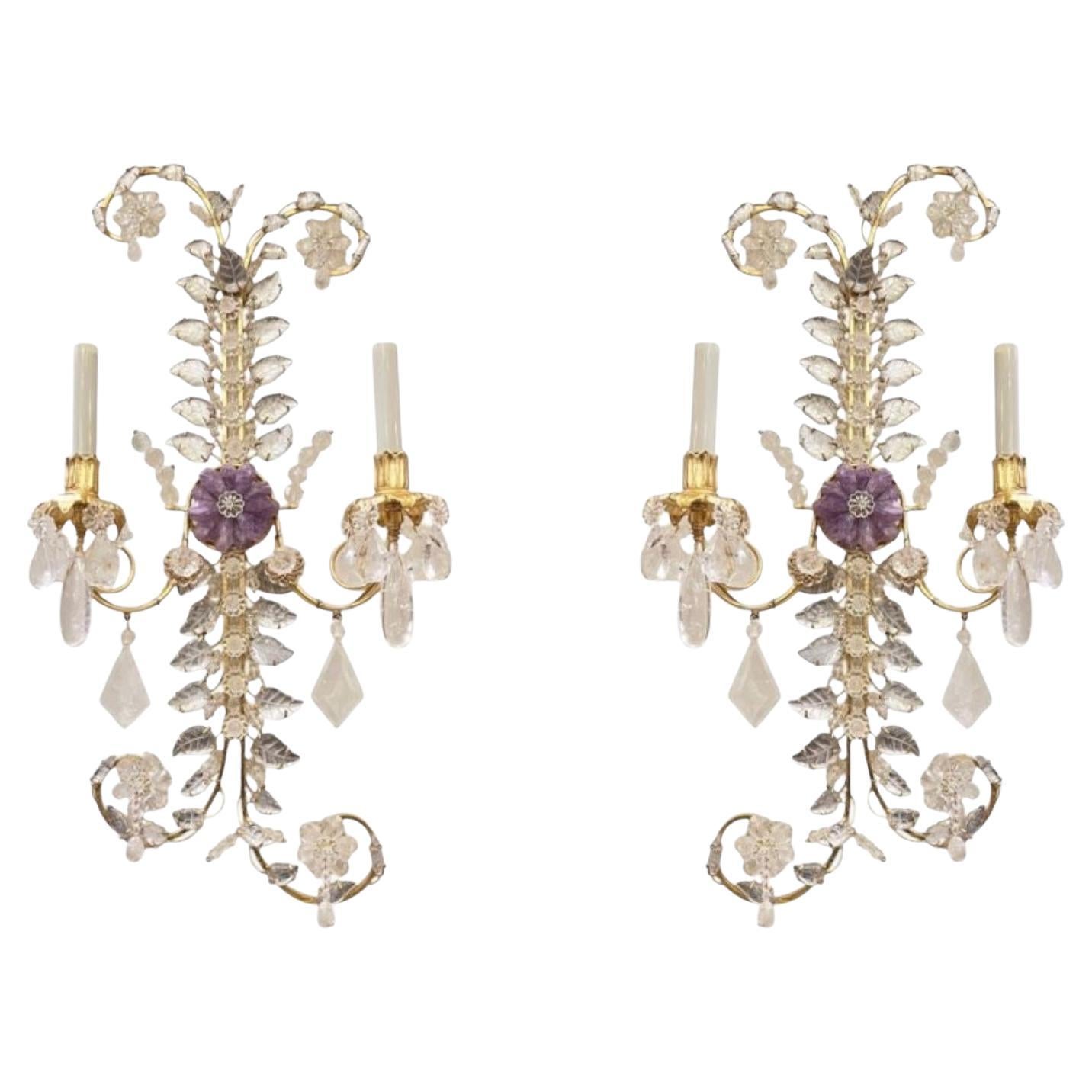 Pair of New Rock Crystal and Gilt Metal 2-Light Sconces / Wall Lights
