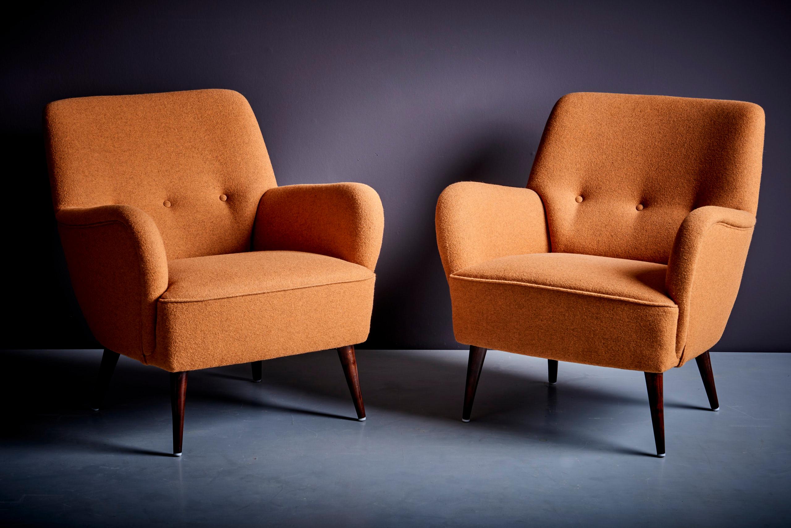 Pair of New Upholstered Lounge Chair Set in ochre / dark mustard, 1950s 4