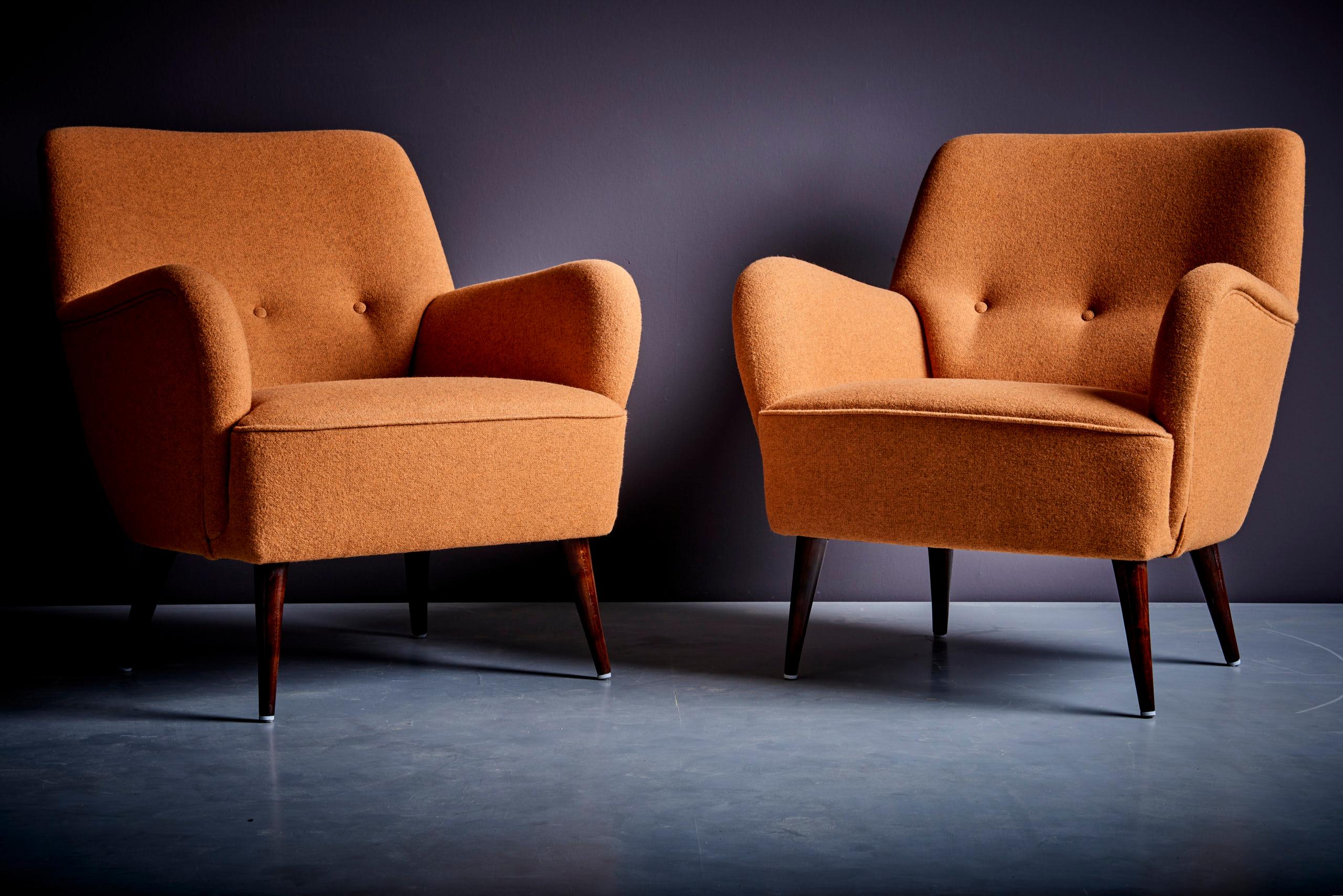 Pair of New Upholstered Lounge Chair Set in ochre / dark mustard, 1950s 5