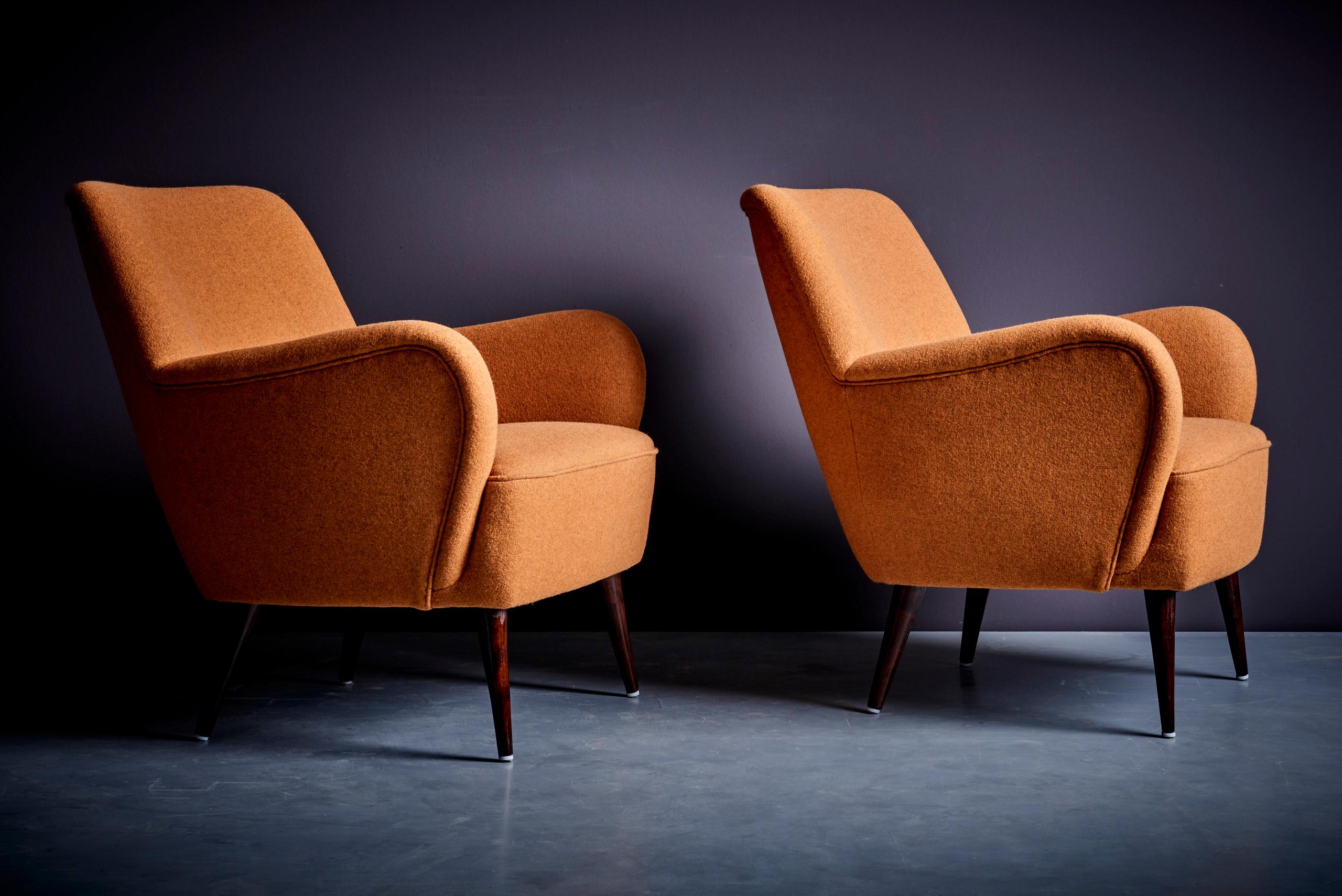 Pair of New Upholstered Lounge Chair Set in ochre / dark mustard, 1950s 7