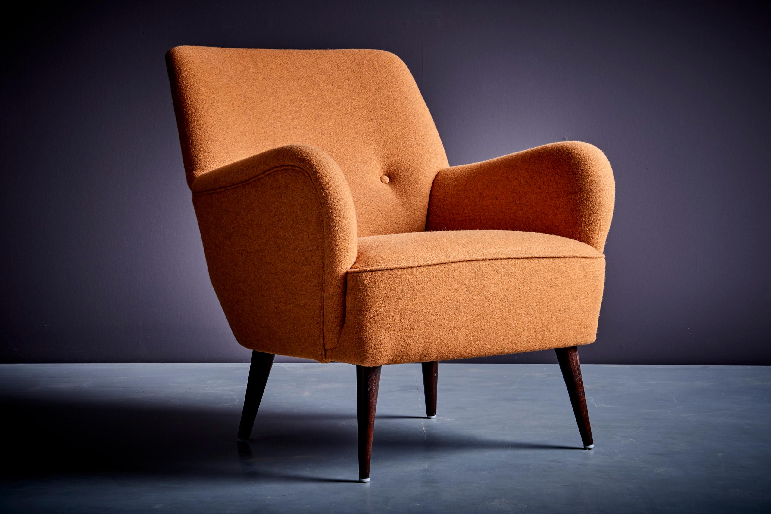 Pair of New Upholstered Lounge Chair Set in ochre / dark mustard, 1950s 10