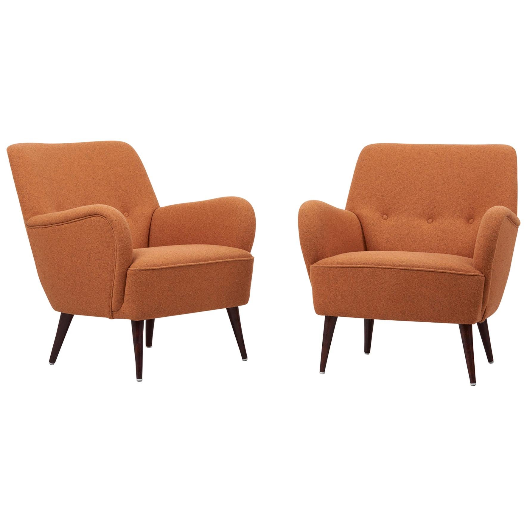 Pair of New Upholstered Lounge Chair Set in ochre / dark mustard, 1950s