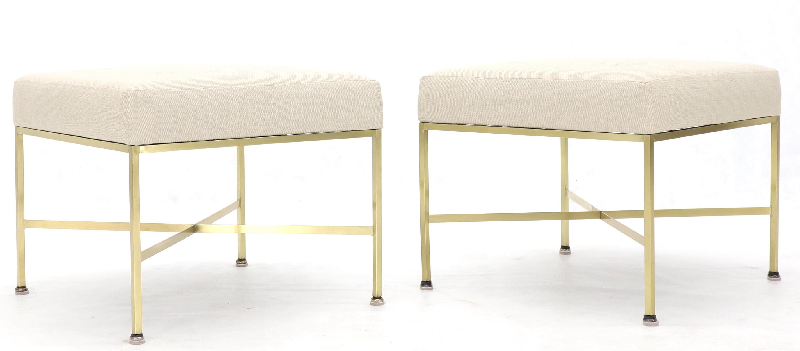 Mid-Century Modern Pair of New Upholstery Square Brass Frames Benches Stools by Paul McCobb