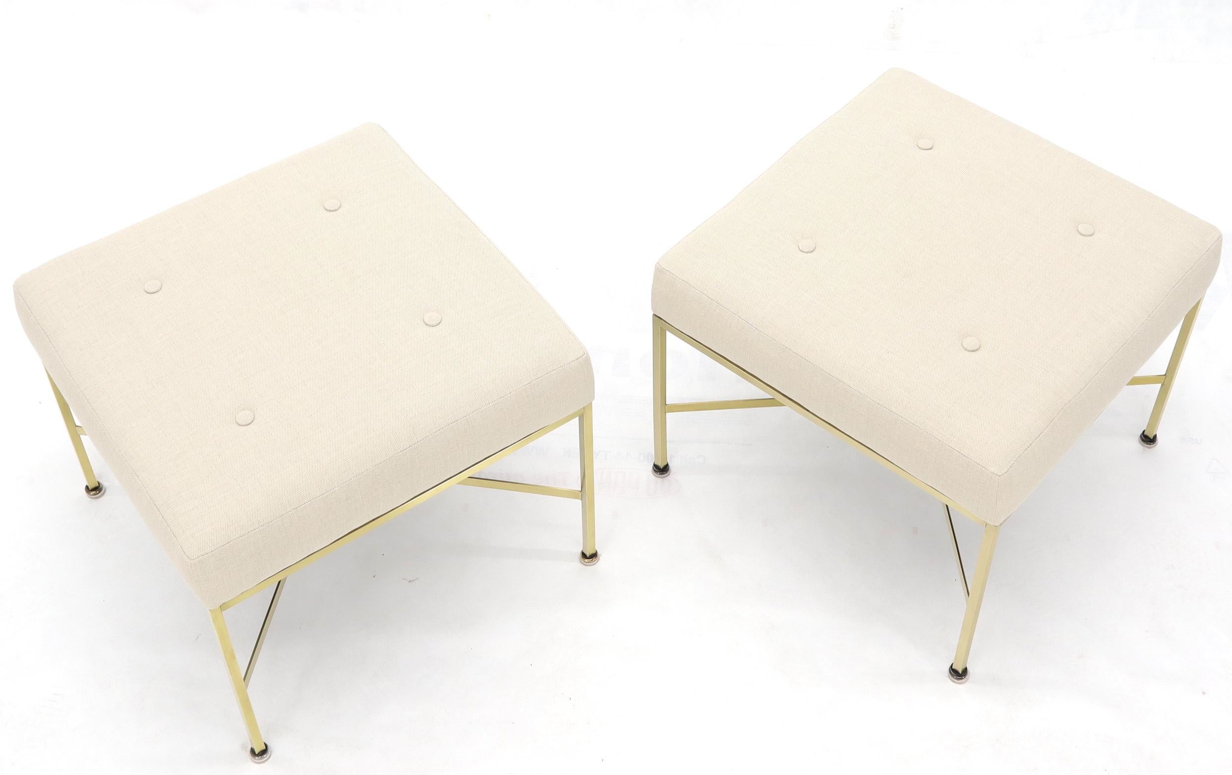 American Pair of New Upholstery Square Brass Frames Benches Stools by Paul McCobb