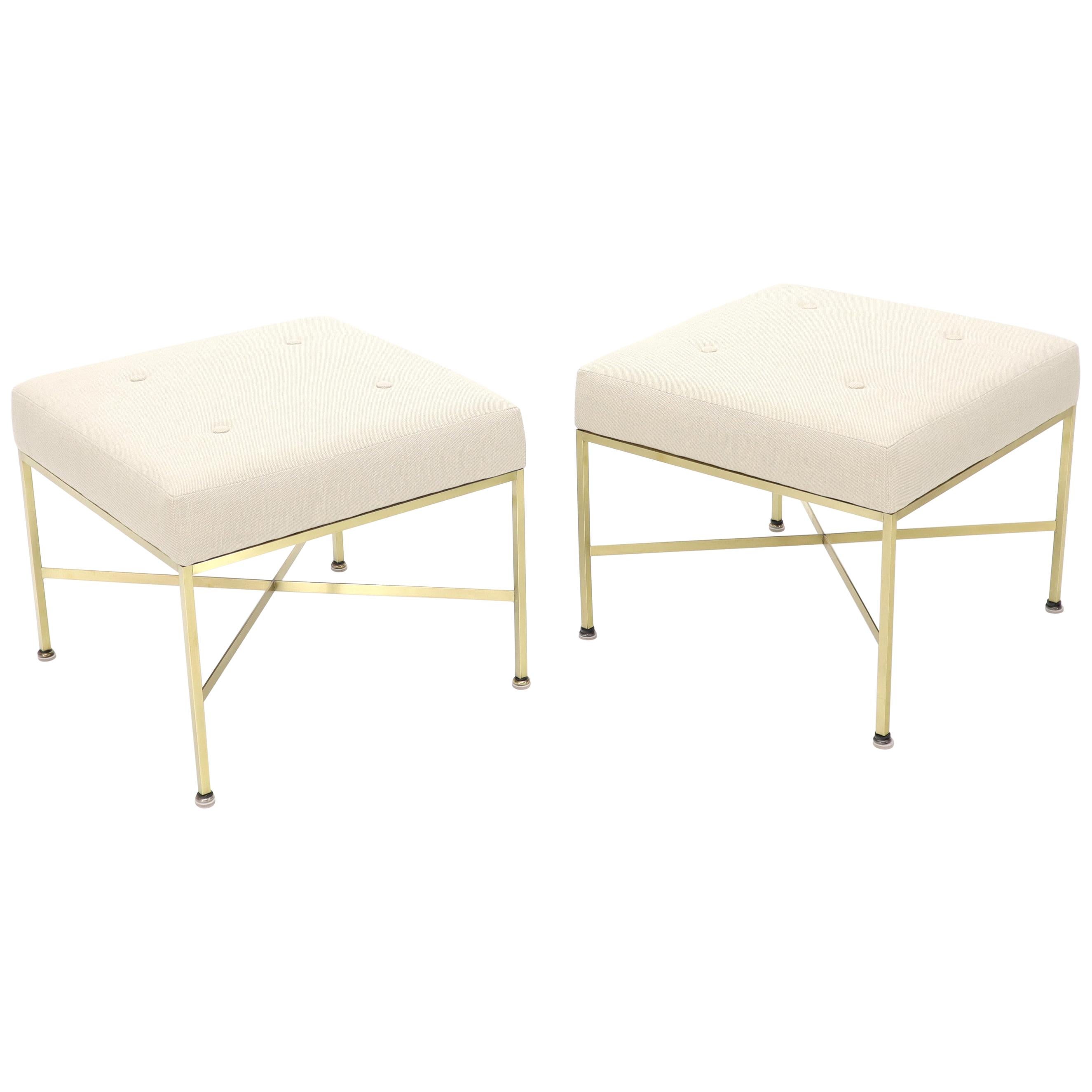 Pair of New Upholstery Square Brass Frames Benches Stools by Paul McCobb