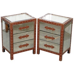 Pair of New Venetian Glass Aluminium and Leather Bedside Table Drawers