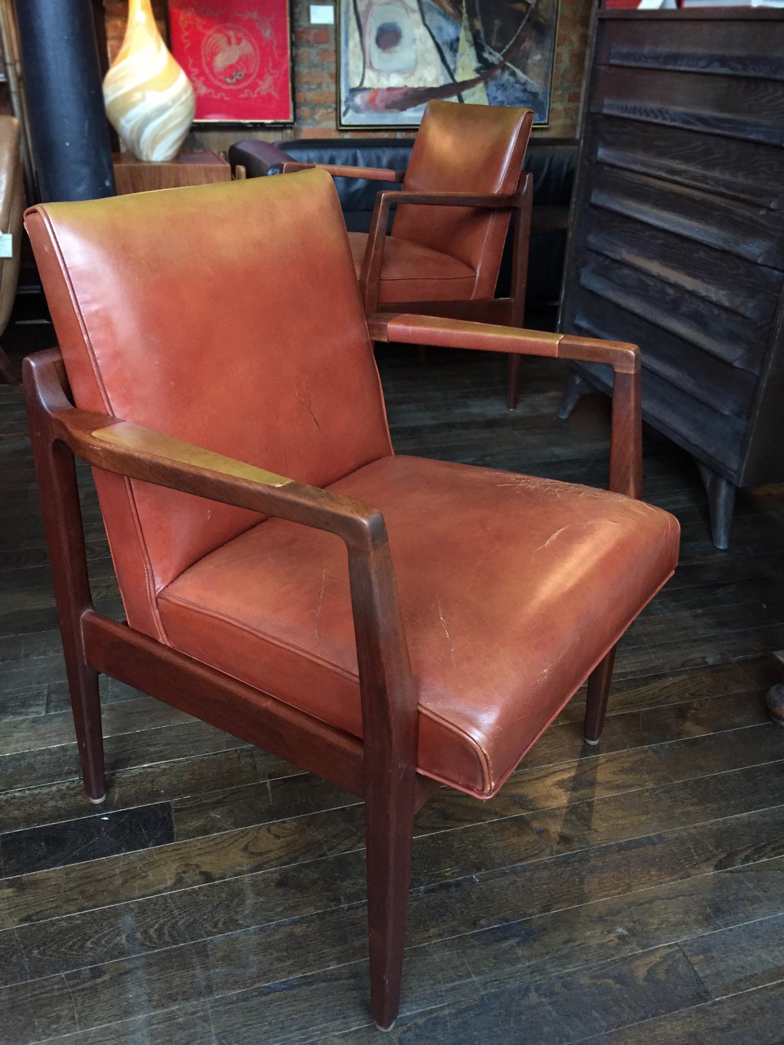 Pair of Newly Restored Midcentury Leather Armchairs in the Style of Jens Risom 1