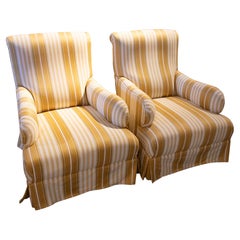 Pair of Newly Reupholstered Armchairs in Striped Yellow and Cream Tones
