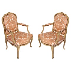 Pair of Newly Reupholstered Louis XV Chairs With Coral Venise Fabric