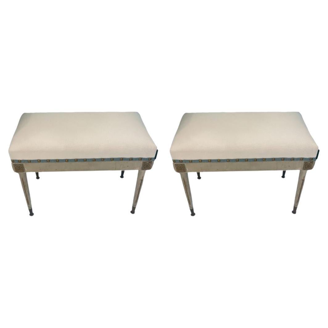 Pair of Newly Upholstered Antique Painted Wood Foot Bench With Gilt Detail