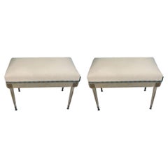 Pair of Newly Upholstered Antique Painted Wood Foot Bench With Gilt Detail