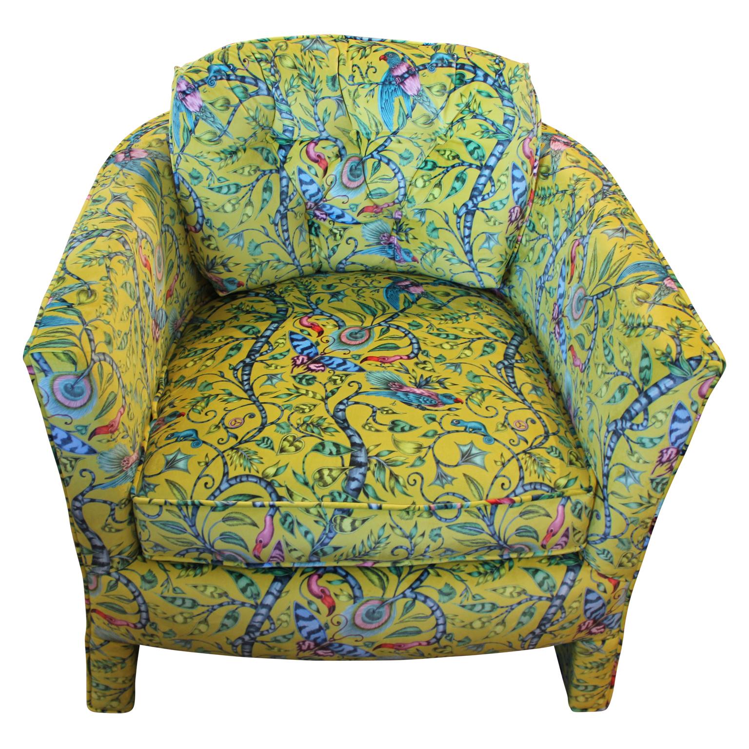 Comfortable and stylish barrel back chairs. They have been freshly upholstered with a lime yellow velvet. The velvet features birds, peacock feathers, and butterflies on vines.