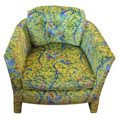 Pair of Newly Upholstered Barrel Back Chairs with Yellow Velvet with Bird Motifs