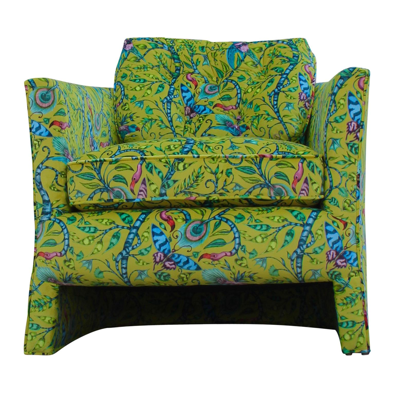 Modern Pair of Newly Upholstered Barrel Back Chairs with Yellow Velvet with Bird Motifs