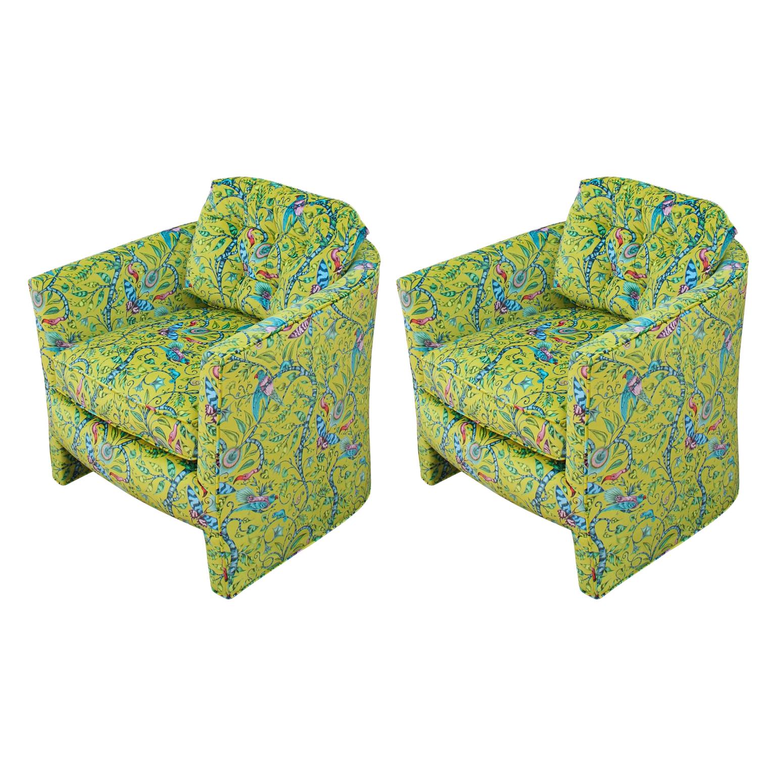 Pair of Newly Upholstered Barrel Back Chairs with Yellow Velvet with Bird Motifs