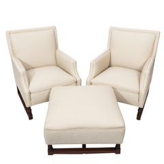 Pair of Newly Upholstered Club Chairs with Ottoman, circa 1930s