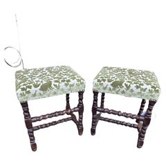 Pair of Newly Upholstered English Stools, Wood, 19th Century, Antique