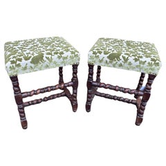 Pair of Newly Upholstered English Stools, Wood, 19th Century, Antique