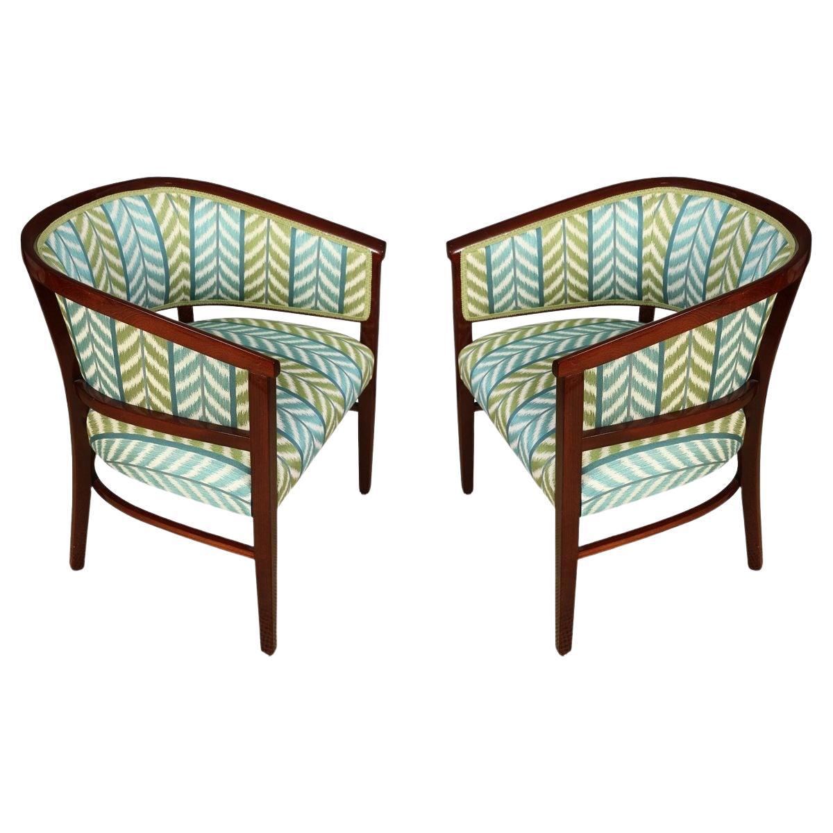 Pair of Newly Upholstered Mahogany Tub Chairs in Quadrille Blue & Green Chevron For Sale