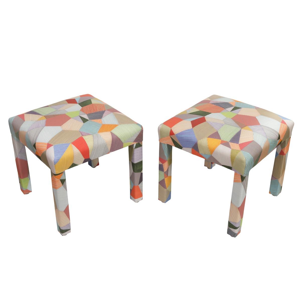 20th Century Pair of Newly Upholstered Multicolor Strie Patchwork Benches For Sale